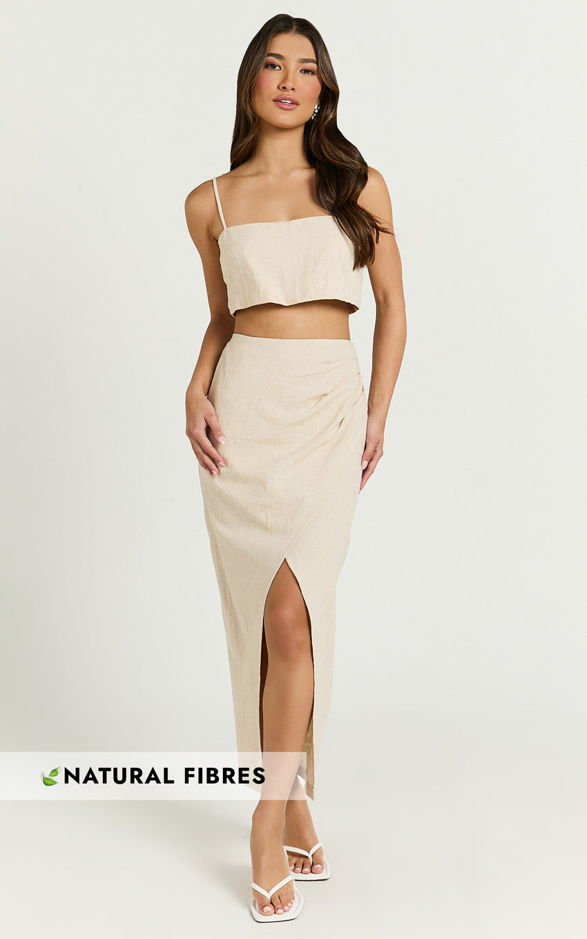 Sabrina Two Piece Top and Skirt Set - Linen Straight Neck Crop Top and Wrap Front Split Midi Skirt in Natural