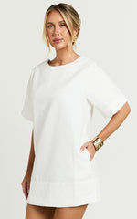 Shannon Mini Dress - Texture Tie Back Shift Dress in White