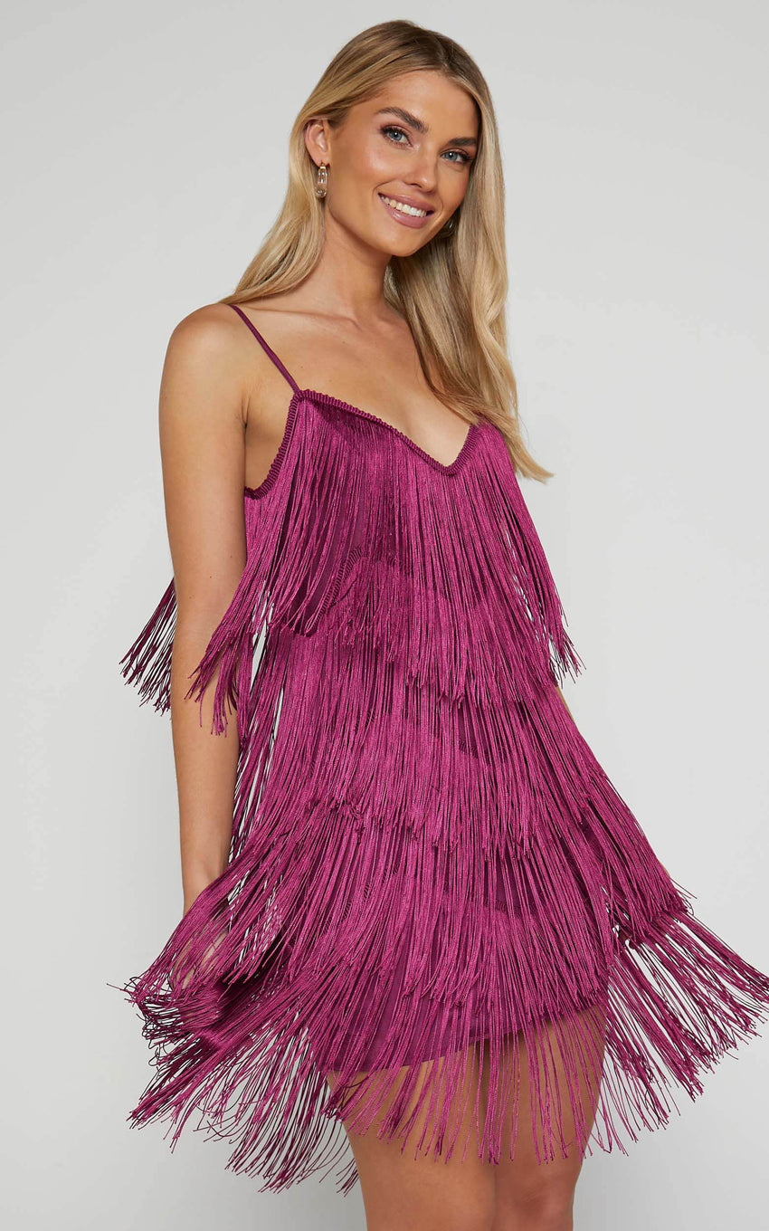 Siofra Mini Dress - Zig Zag Fringe Dress in Mulberry