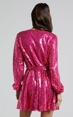 Three Of Us Mini Dress - Long Sleeve Wrap Dress in Pink Sequin