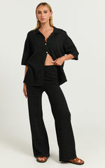 Tommy Two Piece Set - Knit Button Through Top and Pants Two Piece Set in Black