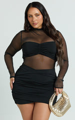 Zoe Mini Dress - Long Sleeve Mesh Dress in Black
