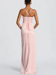 A-Line/Princess Wedding Guest Dresses Spaghetti Straps Sleeveless Floor-Length Side Split Satin Long Prom Dresses With Ruffles&Back Criss Cross Straps