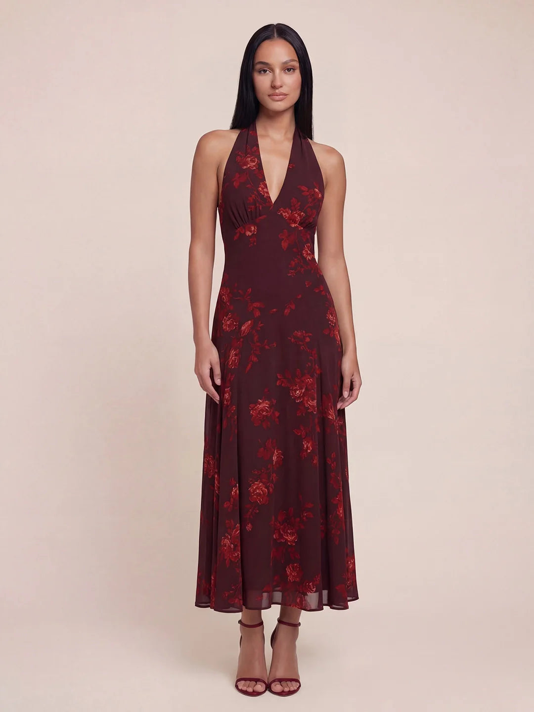 Halter V-neck Drop Waist Georgette Midi Dress